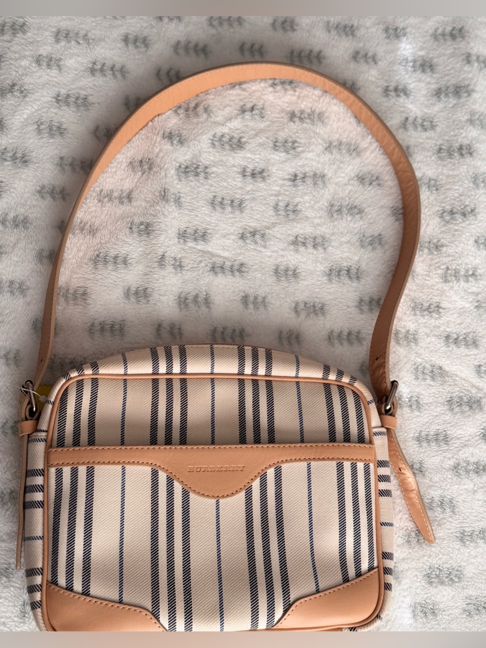 Burberry Beige and Navy Striped Crossbody Bag with Tan Trim